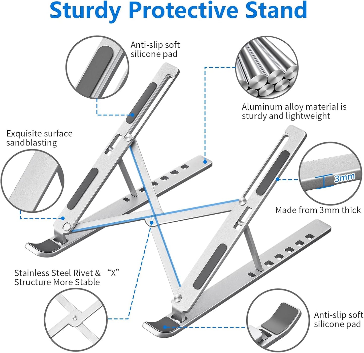Laptop Stand for Desk, Aluminum Metal MacBook Stand，Computer Riser for Desk, Portable Foldable Adjustable Notebook Holder, Compatible with 10-15.6 Inch Laptops, iPad, Silver.