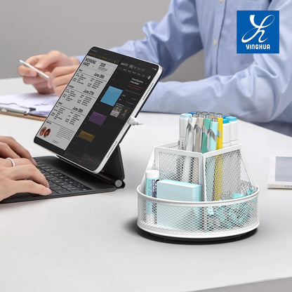 YINGHUA Metal Mesh Desk Organizer with 5 Compartments and Rotating Pencil Holder Pen and Stationery Organizer for Office Home School Anti Slip Base Blue