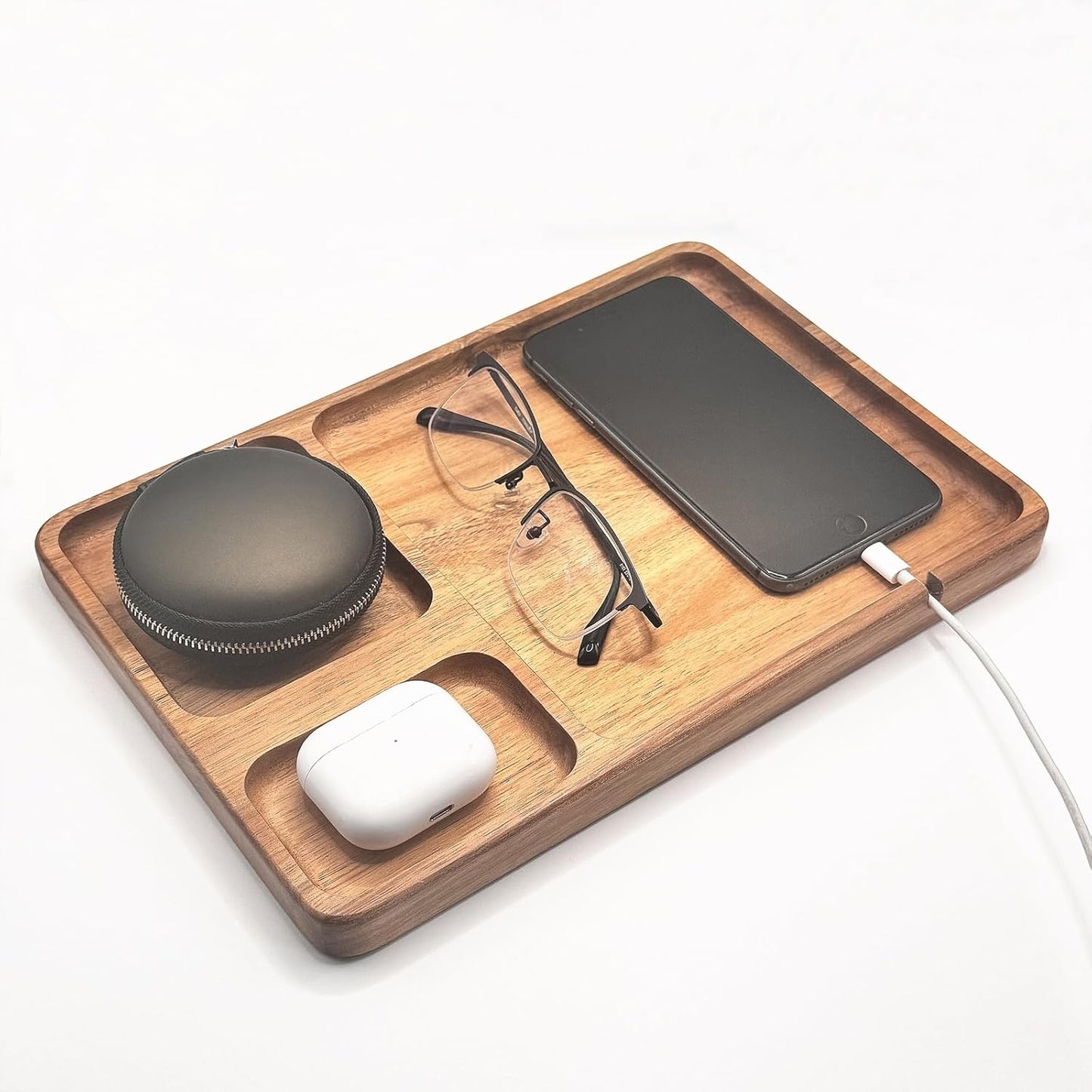 Wooden Valet Tray for Men Women - 11.4 in EDC Tray Wood Desk Organizer for Storage Keys, Phone, Wallet, Headphones, Watch, Earbuds, Jewelry