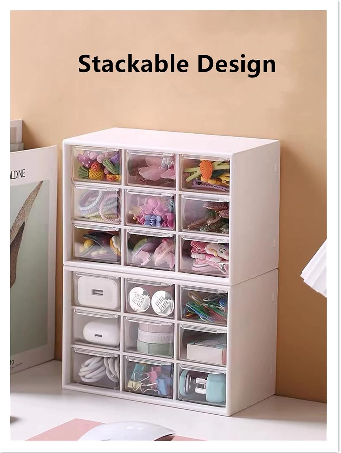 Feadily 4PCS Small Drawer Organizer for Desk, Desktop Drawer Organizer with 9 Clear Drawers, Plastic Desktop Storage Drawers 7.1 Inch x 3 .9 Inch x 4.7 Inch, White