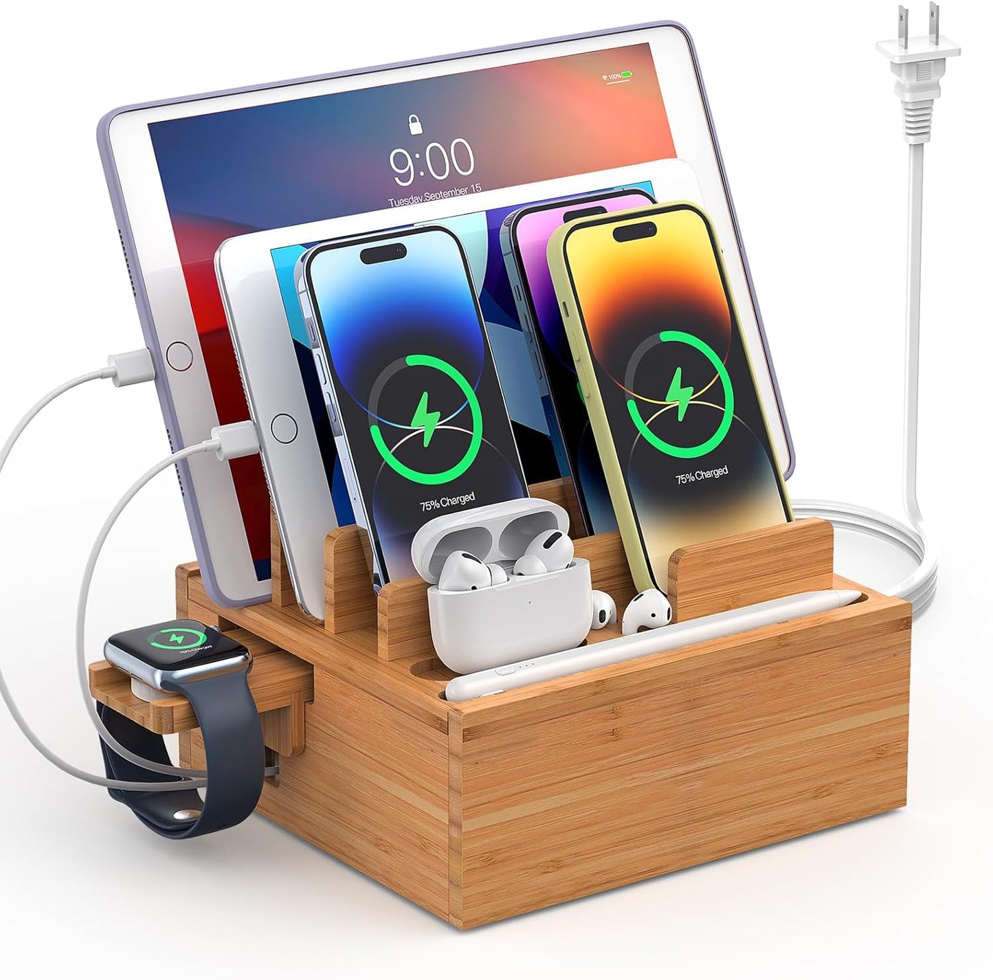 Pezin & Hulin Multi Device Charging Station, with Charger HUB Adapter, All in One Large Dock Organizer with Drawer Storage, Compatible with Phones, Tablets, Earbuds (5 Mixed Cables Included)