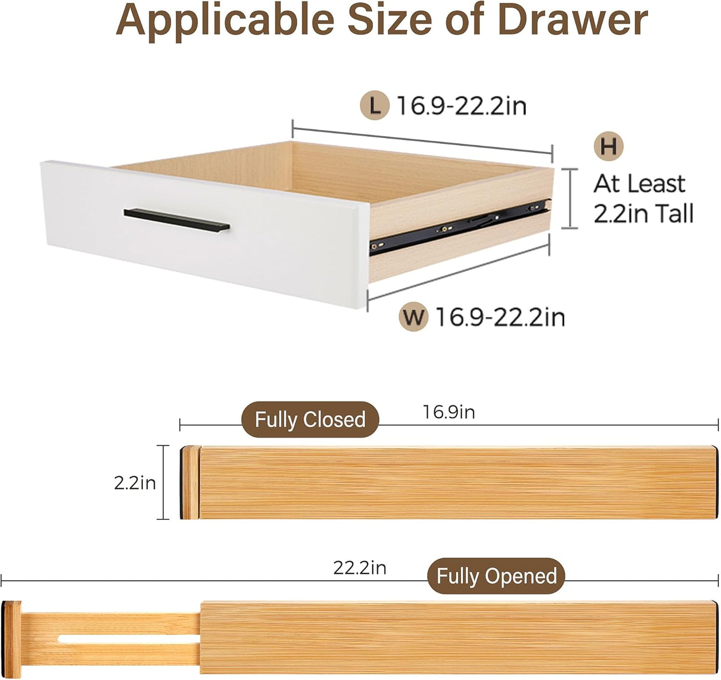 Bamboo Drawer Divider Set of 4, Adjustable Spring-Loaded Drawer Organizer (16.9"-22.2"), 2.3" Height, Suitable for Kitchen, Desk, Bathroom, Clothing, and Miscellaneous Drawer Organization, Natural