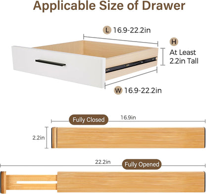 Bamboo Drawer Divider Set of 4, Adjustable Spring-Loaded Drawer Organizer (16.9"-22.2"), 2.3" Height, Suitable for Kitchen, Desk, Bathroom, Clothing, and Miscellaneous Drawer Organization, Natural