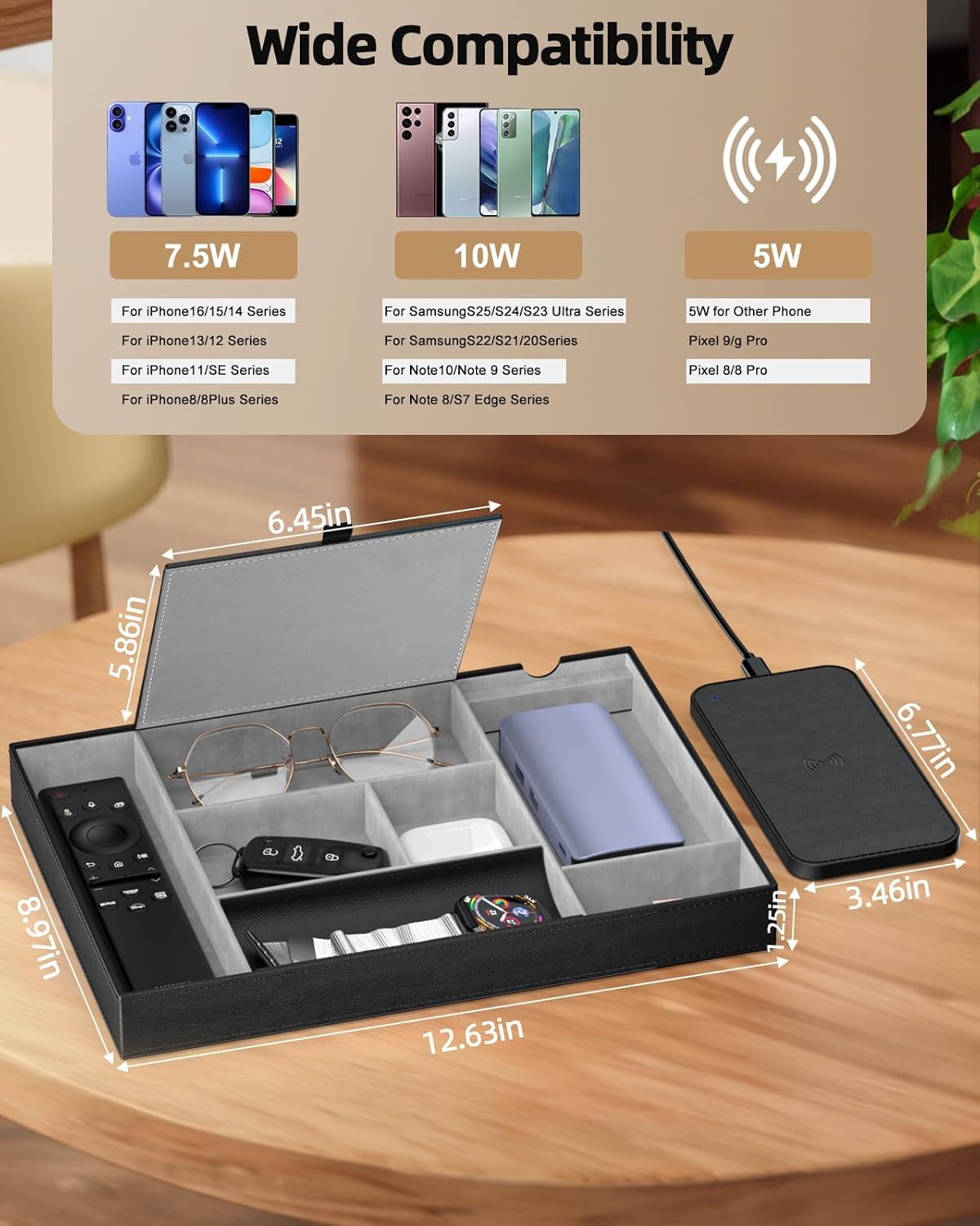 Valet Tray, Built in Wireless Charging Pad, Nightstand Organizer, Dresser Organizer, Mens Jewelry Box, Valet Charging Station, Faux Leather Valet Tray for Men and Women (Black+Wireless)