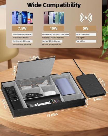 Valet Tray, Built in Wireless Charging Pad, Nightstand Organizer, Dresser Organizer, Mens Jewelry Box, Valet Charging Station, Faux Leather Valet Tray for Men and Women (Black+Wireless)