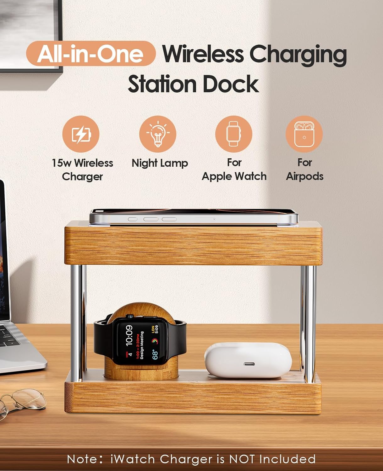 Bamboo Wireless Charging Station with Light: Ideal Gifts 4 in 1 Charging Station for Multiple Devices, Bedside Wireless Charger for iPhones 16-8/Pro/AirPods/iWatch