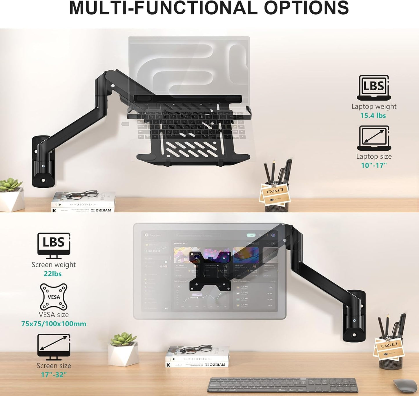 WALI Laptop Desk Mount for 17 inch Notebook, Adjustable Single Monitor Arm with Laptop Holder for 32 inch Screen, Laptops Stand with Ventilated Tray, Up to 22 lbs, (M00LP), Black
