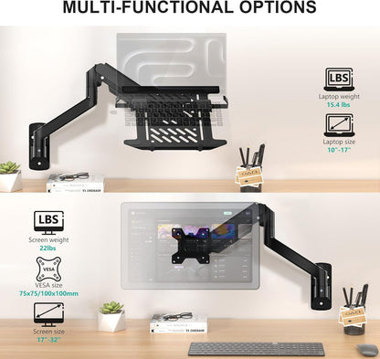 WALI Laptop Desk Mount for 17 inch Notebook, Adjustable Single Monitor Arm with Laptop Holder for 32 inch Screen, Laptops Stand with Ventilated Tray, Up to 22 lbs, (M00LP), Black