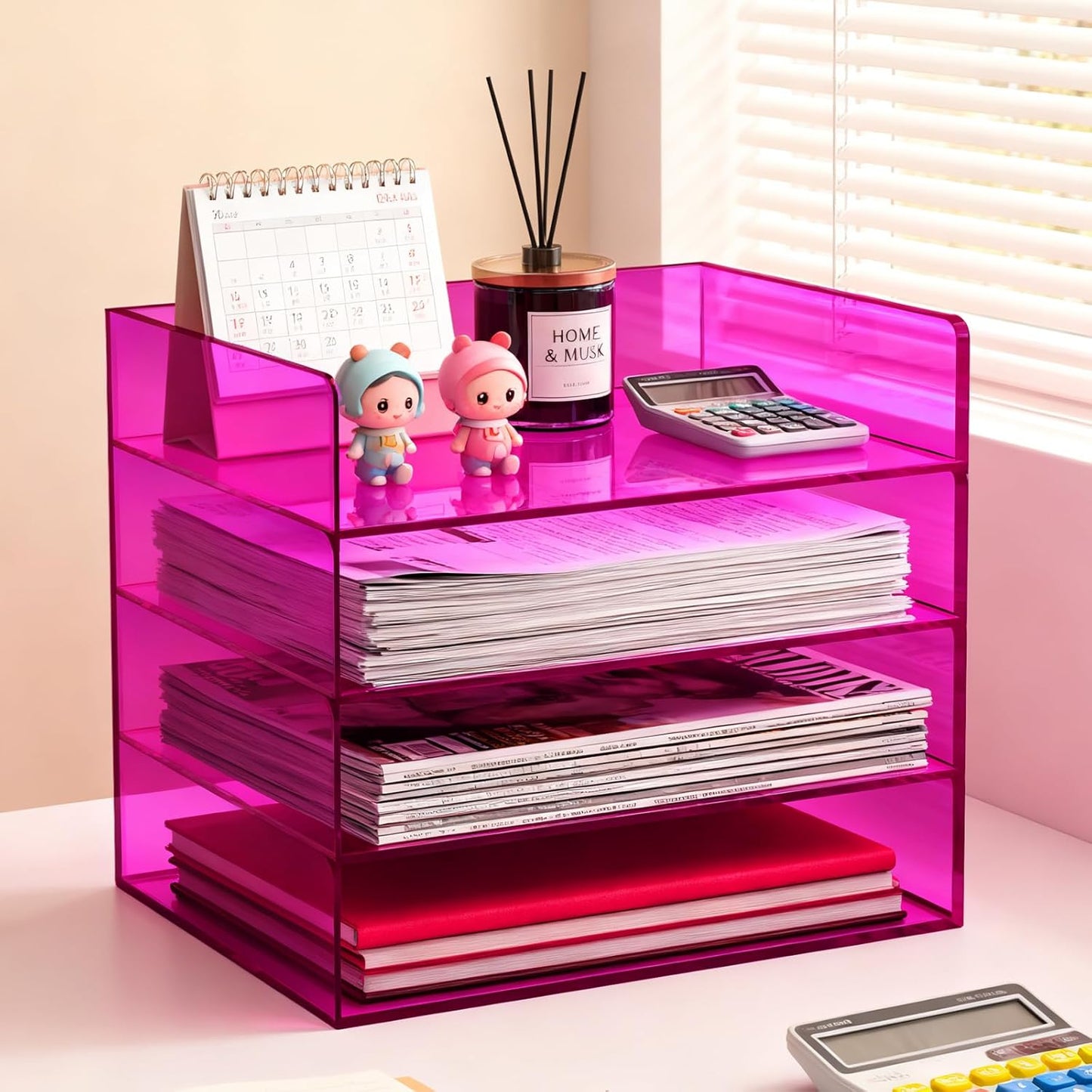 Gelite Acrylic File Organizer for Desk 4 Tiered Stackable Letter Tray Office Paper Storage Desktop Document Sorter, Neon Pink