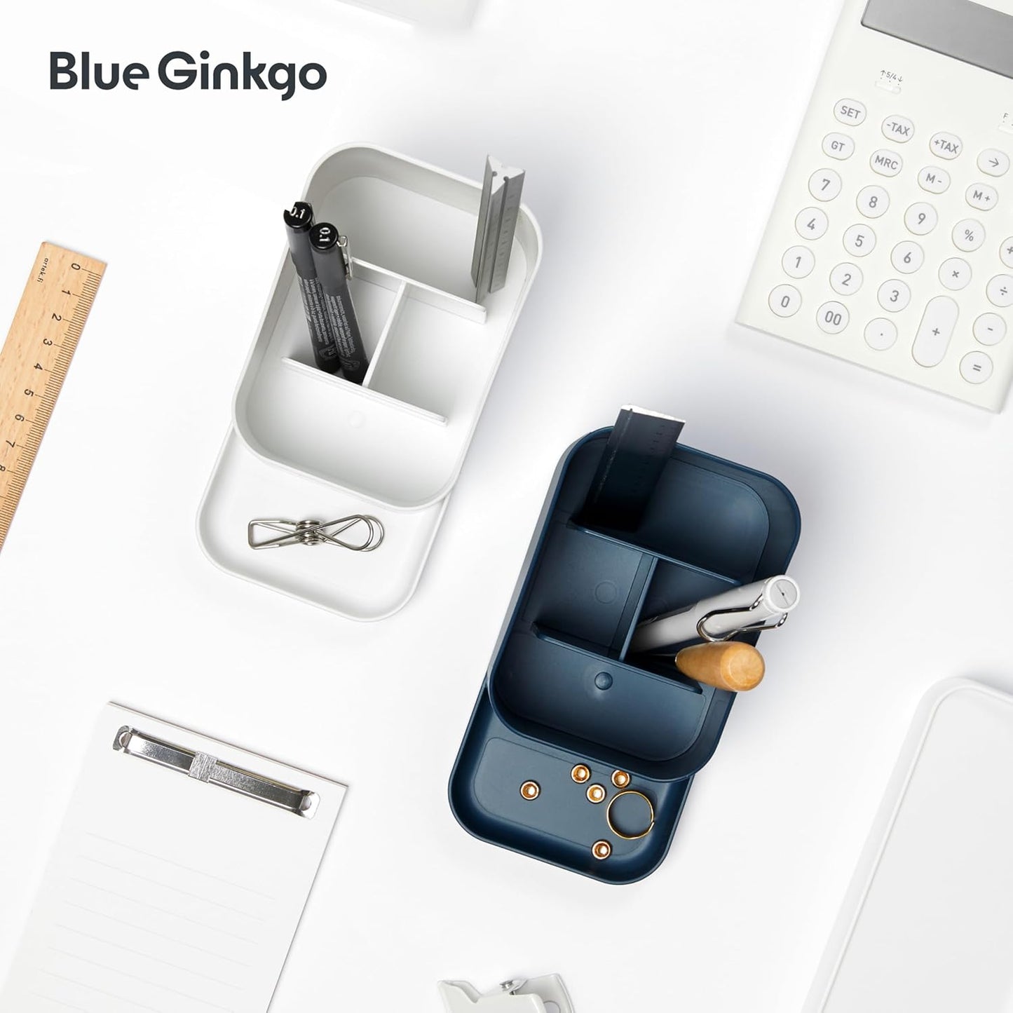 BLUE GINKGO Desk Holder – Korean-Made Office Organizer for Pencils, Pens, Notes, and Desk Supplies (White)