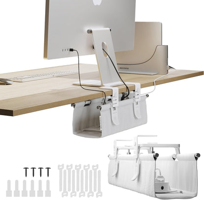 Ascrono Original No Drill Under Desk Cable Management Tray 27.3" - Premium White Fabric Cable Management Under Desk - Clamp/Screw Mount Cord Organizer - Supports Upto 66lbs