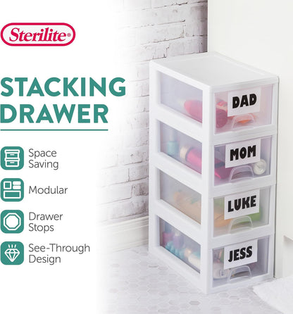 Sterilite 6-Pack 6 Quart Stacking Drawer, Clear Storage Closet Organizer, White Frame - Stackable Modular Plastic Drawers for Clothes, Accessories, Craft Supplies, Shoes or Linens