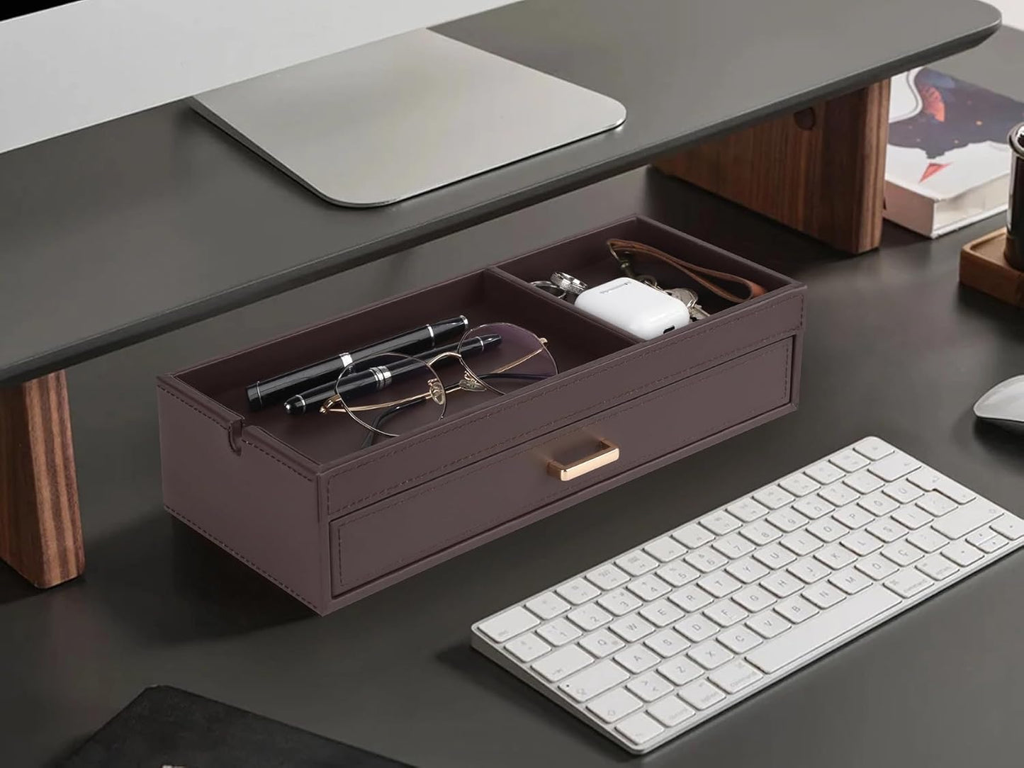 HofferRuffer Valet Jewelry Tray Organizer with Drawer, Faux Leather Storage Catchall Box Phone Charging Station Tray with Dresser Nightstand Desktop Drawer Organizer (Black)