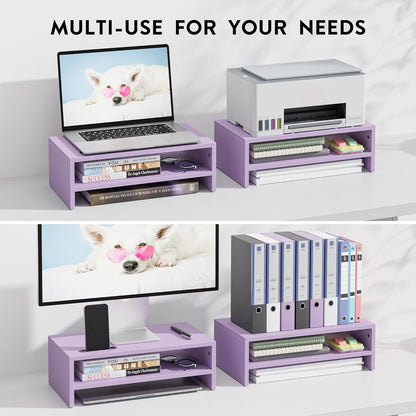 BONTEC Wooden Monitor Stand Riser, 2-Tier Desk Shelf with Storage Organizer, Ergonomic Computer Stand with Cable Management, Cellphone Holder, White, 16.5 Inch