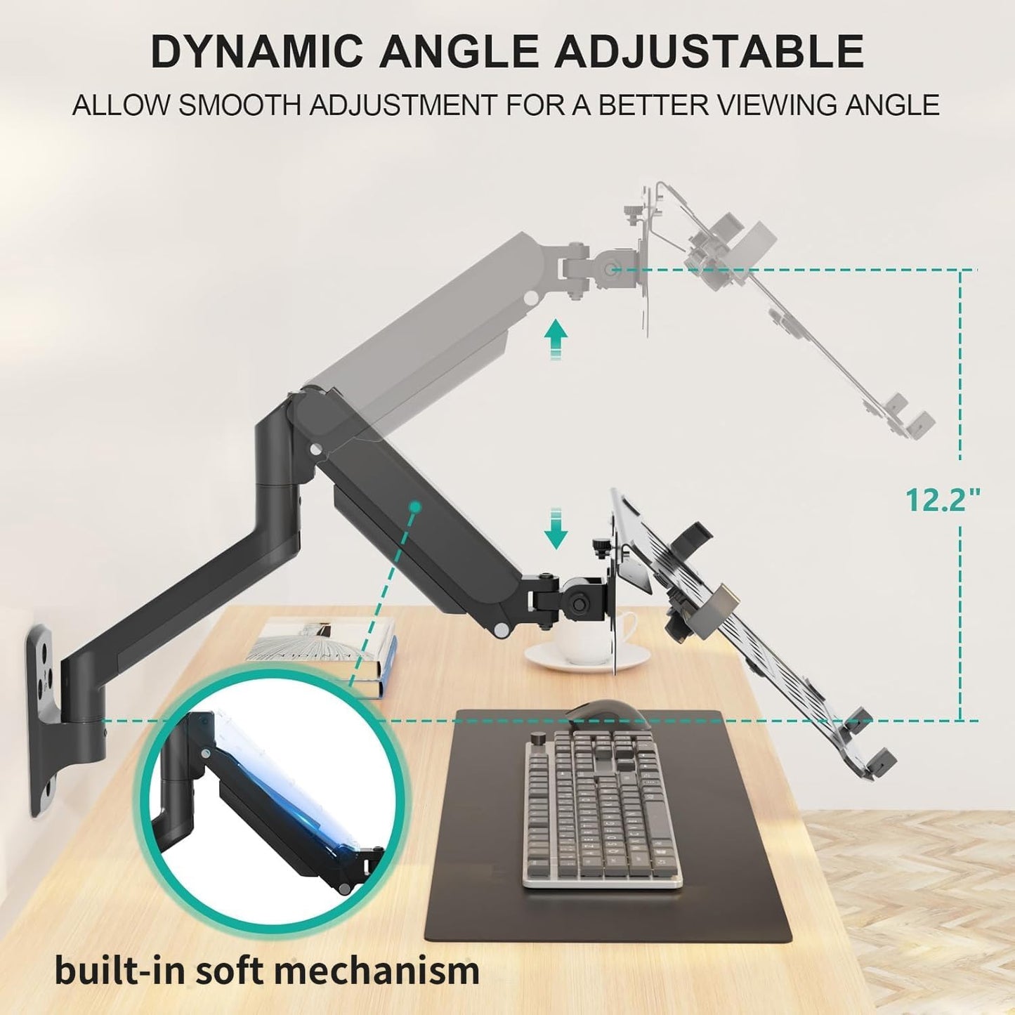 WALI Laptop Desk Mount for 17 inch Notebook, Adjustable Single Monitor Arm with Laptop Holder for 32 inch Screen, Laptops Stand with Ventilated Tray, Up to 22 lbs, (M00LP), Black