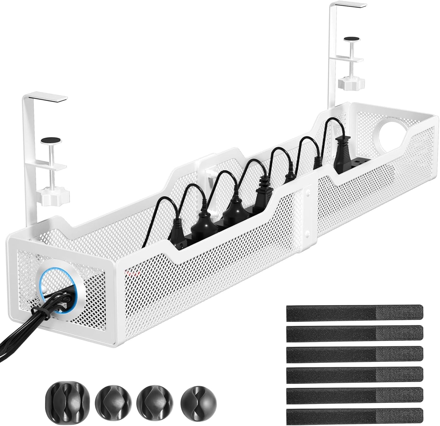 Under Desk Cable Management Tray White, Cinati Wire Organizers No Drill, Cable Tray with Clamp for Wire Management, Cord Organization Box for Office, Home - No Damage to Desk