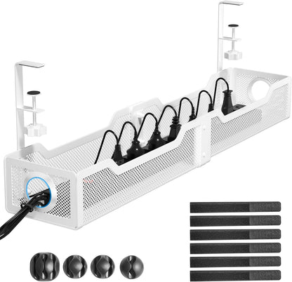 Under Desk Cable Management Tray White, Cinati Wire Organizers No Drill, Cable Tray with Clamp for Wire Management, Cord Organization Box for Office, Home - No Damage to Desk