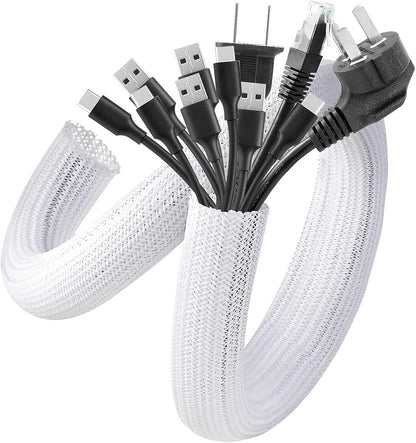 AGPTEK White Cable Sleeve, 2 Pack 5ft - 1.2 Inch Cable Management, Desk Cord Cover Organizer Wire Hider for Computer TV Wire Loom Tubing, Pet Proof Cord Protector from Cat Dog Chewing, White