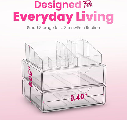 Masirs Clear Makeup Organizer - 16-Compartment Cosmetic and Jewelry Holder with 4 Drawers - Vanity Storage Box for Makeup, Skincare, Accessories, and Jewelry Display