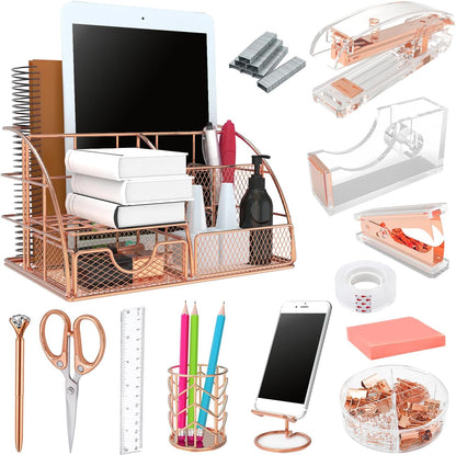 Office Desk Organizers, Rose Gold 13PCS Office Supplies and Accessories Desk organizer, Acrylic Stapler, Staple Remover, Clips, Scissor, Phone Holder, Pen, Pen Holder (Rose Gold)