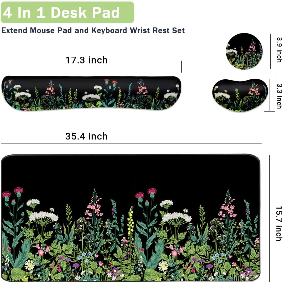 4-in-1 Large Gaming Mouse Pad, Keyboard Wrist Rest Pad & Wrist Support Mousepad Set, Extended Desk Pad Waterproof Desk Mat for Home Office Study Game-Black