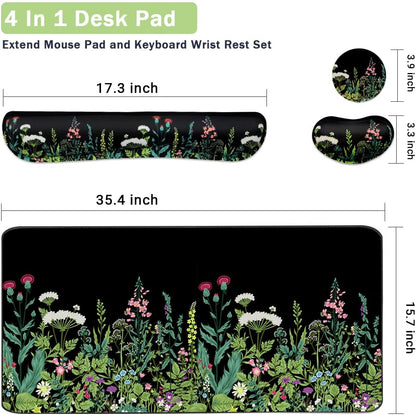 4-in-1 Large Gaming Mouse Pad, Keyboard Wrist Rest Pad & Wrist Support Mousepad Set, Extended Desk Pad Waterproof Desk Mat for Home Office Study Game-Black