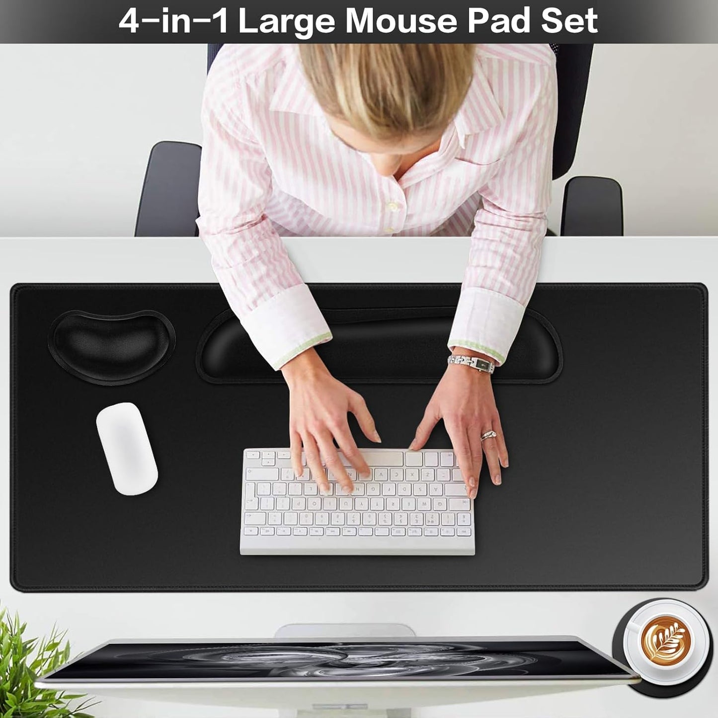 Desk Mat, Large Gaming Mouse Pad with Wrist Rest, 4in1 XXL Mousepad+Keyboard Wrist Rest+Mouse Pad Wrist Support+Cup Coaster Set Ergonomic Floral Computer Desk Arm Wrist for Decor Home Office Women