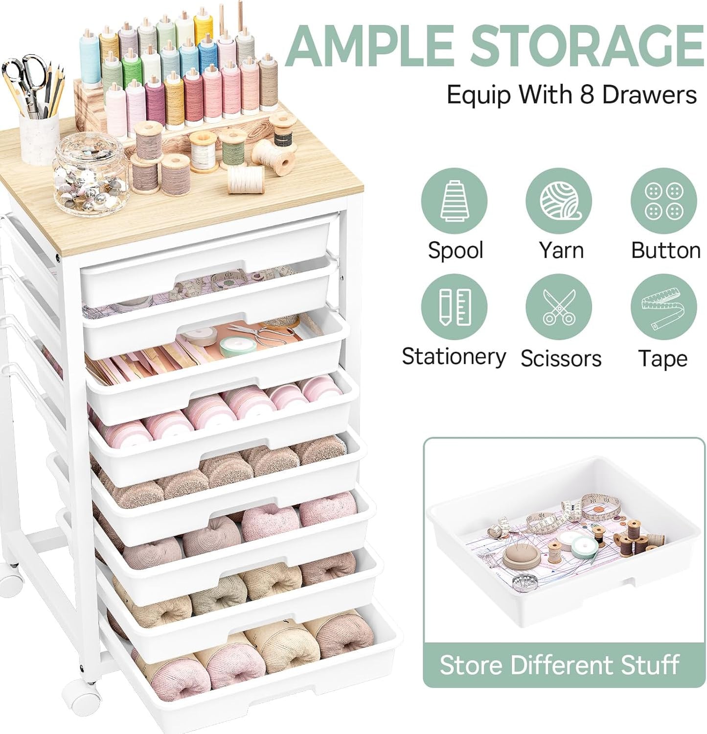 SYKIARIOL Rolling Storage Utility Cart with 6 Drawers and Wooden Tabletop for Under Desk Storage,White