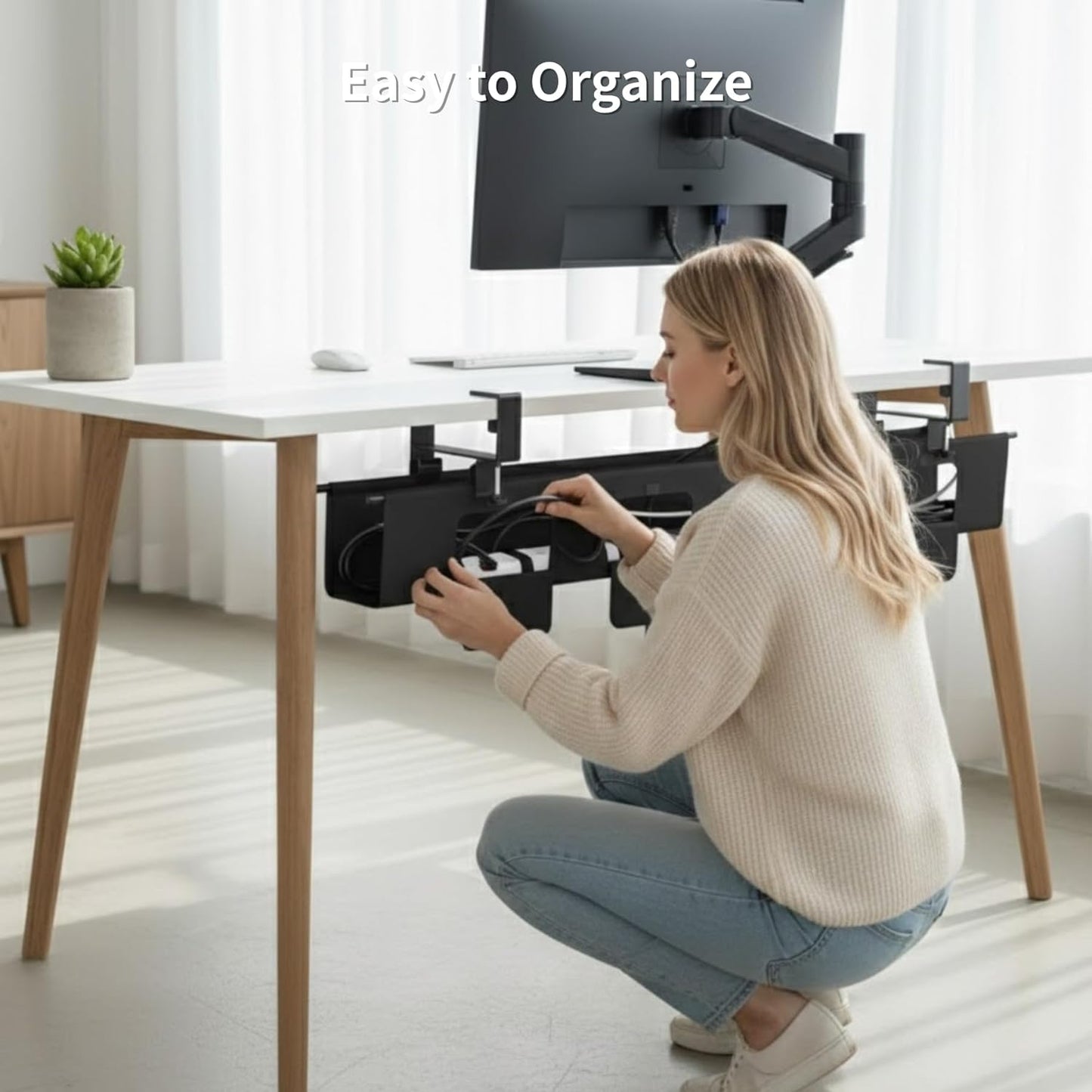 Under Desk Cable Management Tray, 36” Fabric No Drill Clamp Mount Cord Organizer for Desk, Heavy Duty Wire Management for Office Home, Black