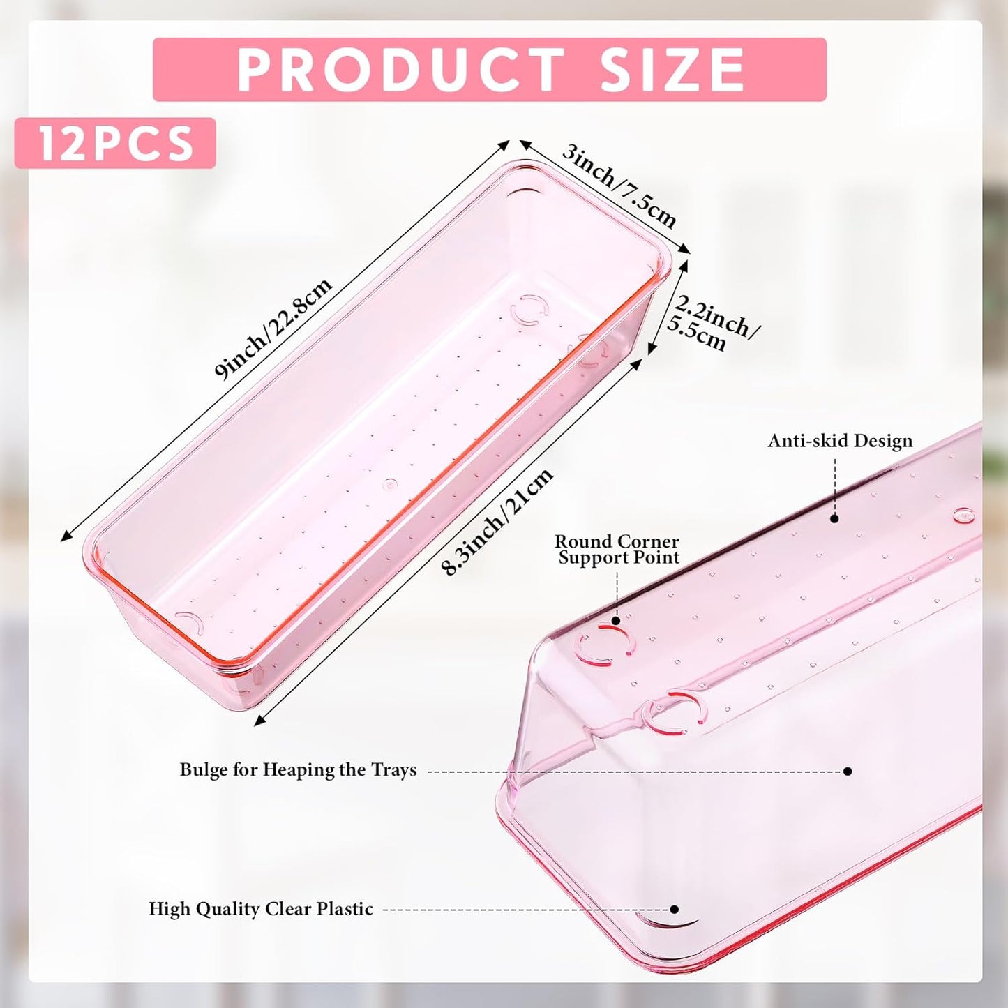Maitys 12 Pcs Clear Drawer Organizer 9 x 3 x 2 Inches Plastic Rectangle Trays Makeup Vanity Storage Bins and Kitchen Drawers Dividers for Office Desk Silverware Kitchen Utensils(Clear)