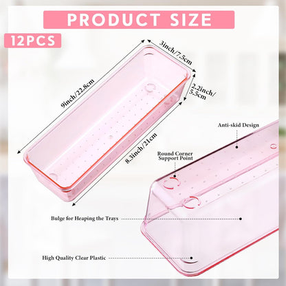 Maitys 12 Pcs Clear Drawer Organizer 9 x 3 x 2 Inches Plastic Rectangle Trays Makeup Vanity Storage Bins and Kitchen Drawers Dividers for Office Desk Silverware Kitchen Utensils(Clear)