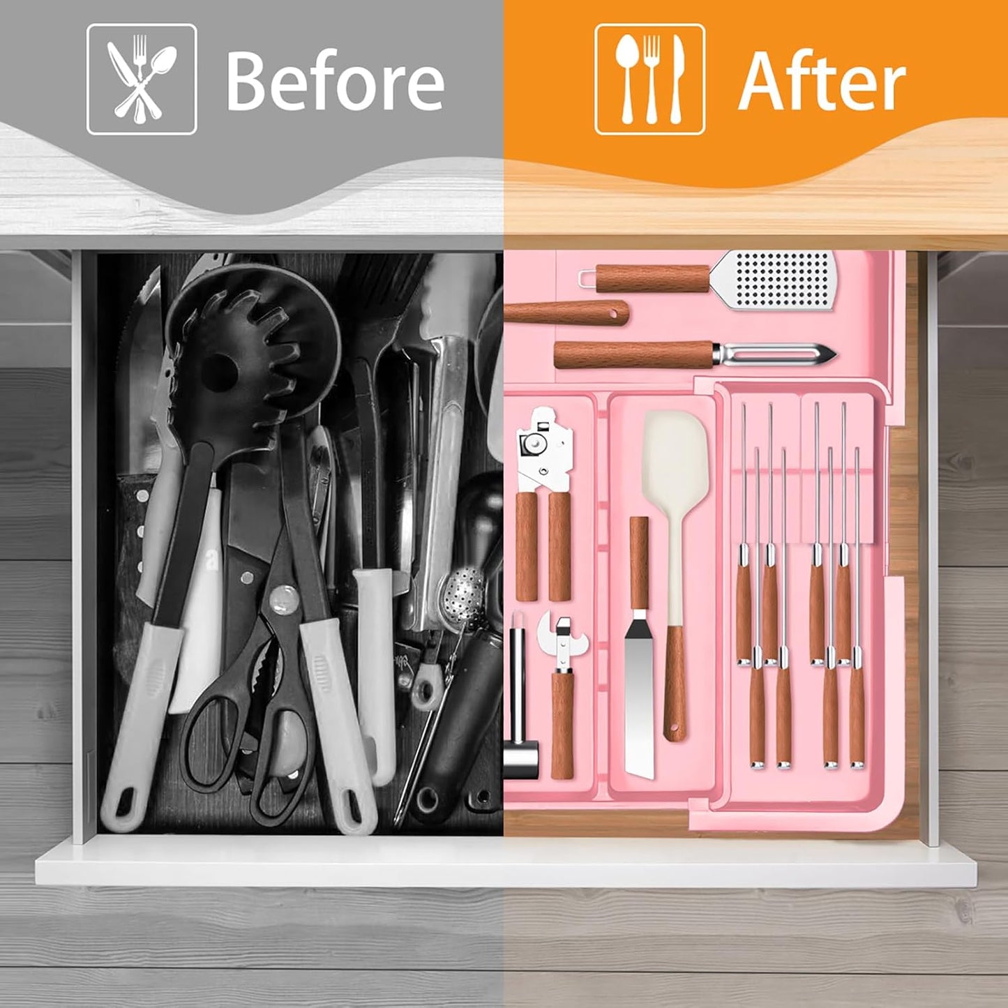 Homecor Large Utensil Organizer for Kitchen Drawer, Expandable Silverware Drawer Organizer Cooking Tray, Cutlery and Flatware Utensil Holder Kitchen Spatula Tools Storage with 3 Dividers, Grey