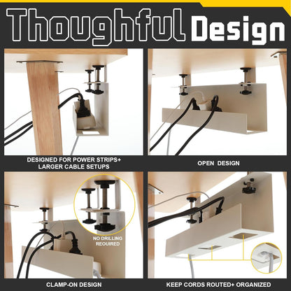 16×5×3 Inch No Drill Clamp-on Power Strip Cable Management Tray Under Standing Desk Steel Cable Organizer Wire Cord Tamer for Office, Home, Garage(Black)