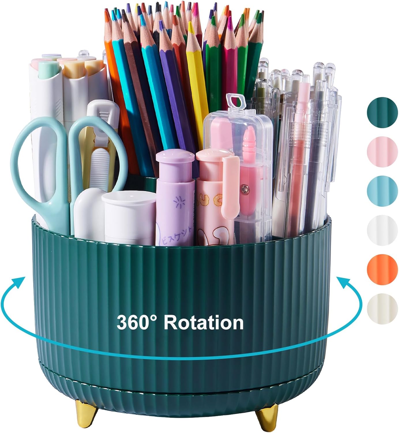 Desk Pencil Pen Holder, 5 Slots 360 Degree Rotating Pencil Pen Organizers for Desk Desktop Storage Stationery Supplies Organizer Cute Pen Cup for Office School Home Art Supply Cream Yellow