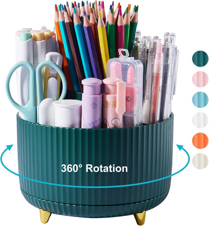 Desk Pencil Pen Holder, 5 Slots 360 Degree Rotating Pencil Pen Organizers for Desk Desktop Storage Stationery Supplies Organizer Cute Pen Cup for Office School Home Art Supply Cream Yellow