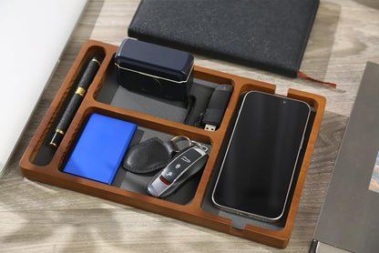 Shinpuru Wooden Valet Tray for Men, Nightstand Organizer with Leather Inlay, EDC Essentials Catchall Tray for Keys, Phone, Wallet, Watch, Earbuds - Bedside Desk Entryway Tray (Wood)