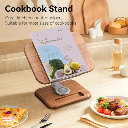 Book Stand for Reading, Mayhas Adjustable Book Holder with 360° Swivel Base&Page Clips, Foldable Desktop Stand for Cookbook, Fits All Books (Walnut, Wood Base)