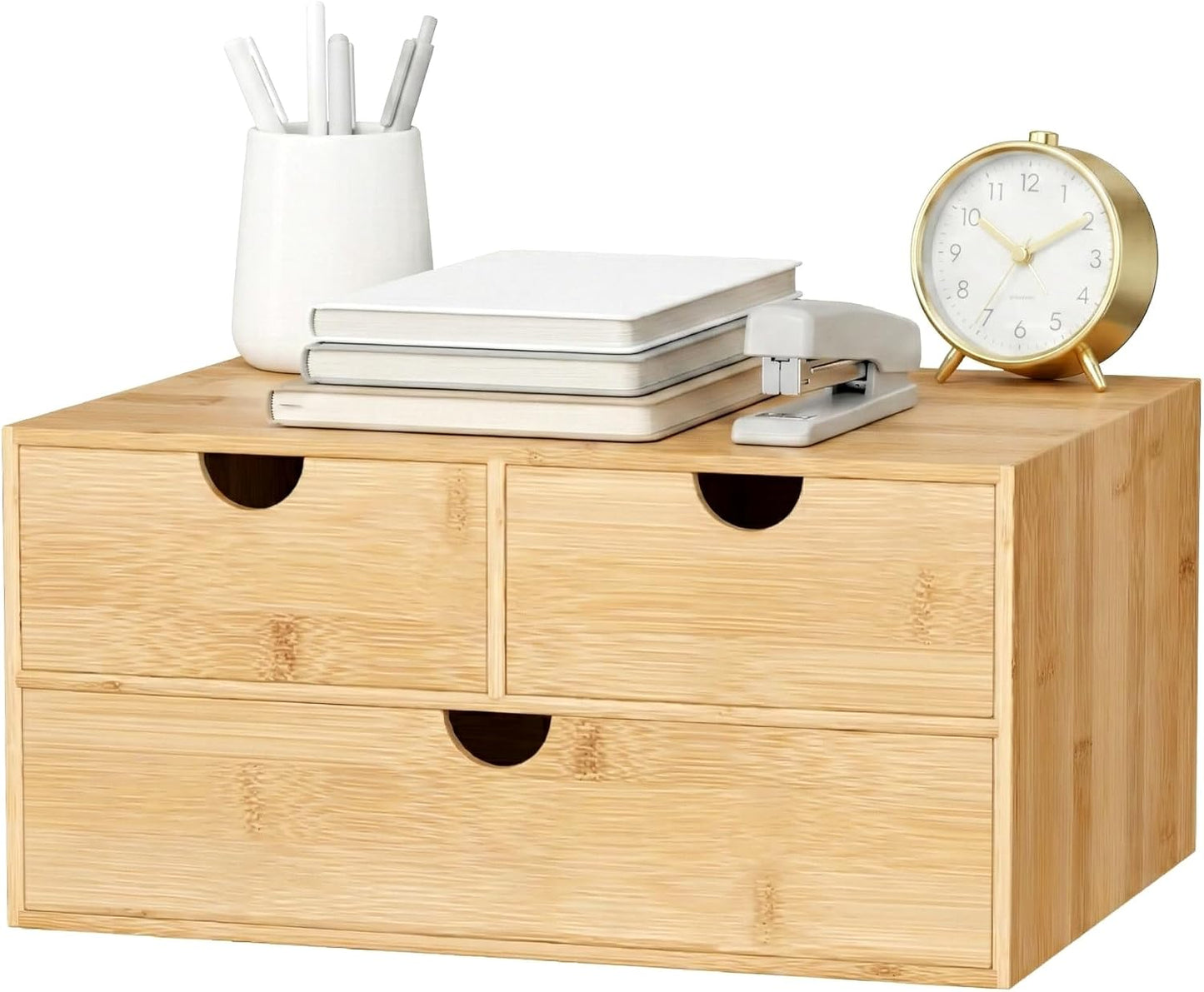 Desk Organizer with Drawers - Bamboo Desktop Organizer Storage | Wood Desk Drawers Organizer for Bills, Office Supplies, Cosmetics, Seals No Assembly Required (3 Drawer with Big Drawer)