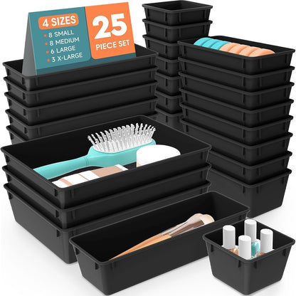 SpaceHacks 25 PCS Plastic Drawer Organizer Set, 4-Size Versatile Organizer Tool Trays & storage Bins for Makeup, Jewelry, and Gadgets in Bathroom, Bedroom and Office,Clear Black