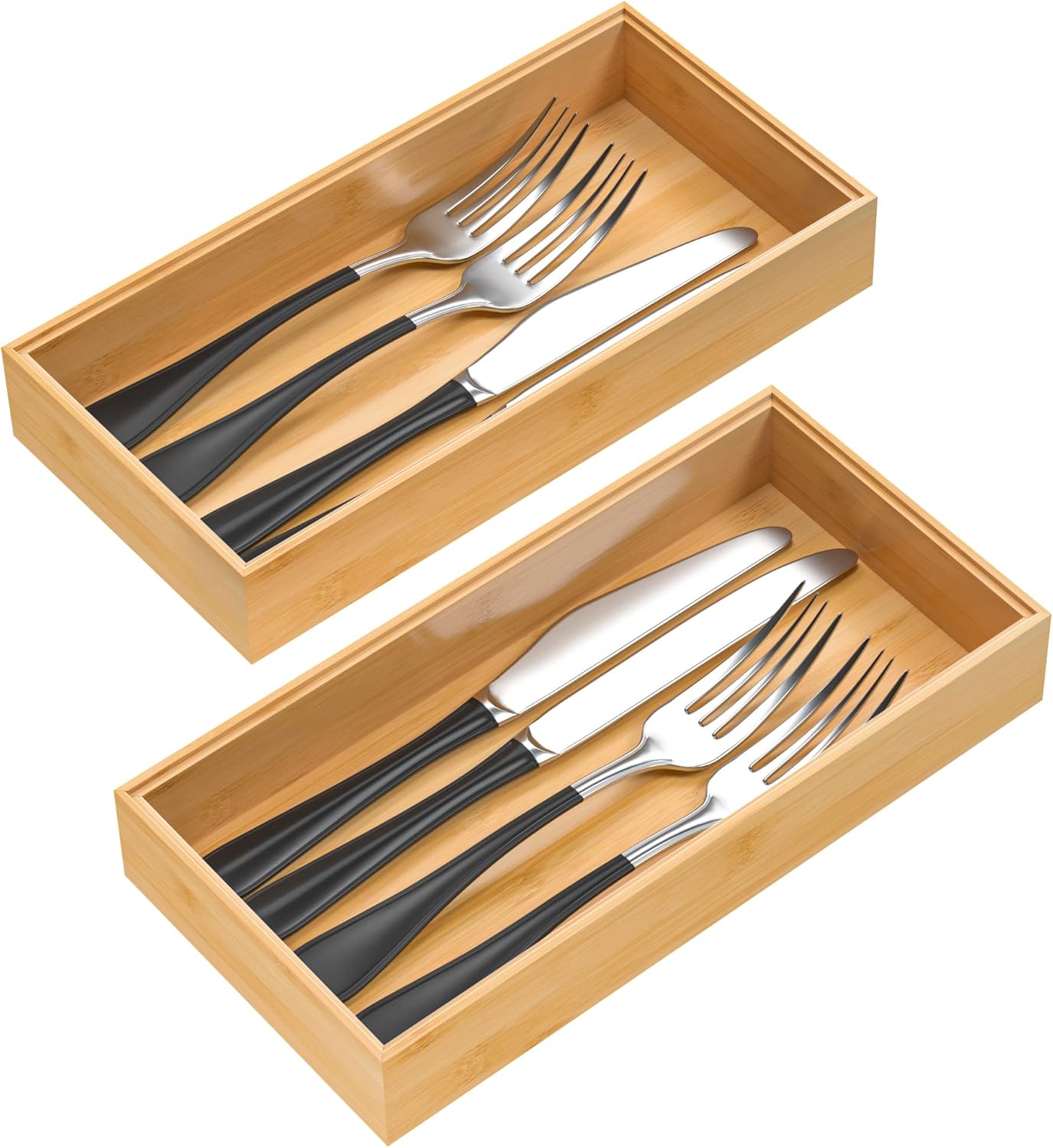 VeyFey Bamboo Drawer Organizer, Stackable Utensil Organizer for Kitchen, Bamboo Storage Box Wood Silverware Tray for Drawer 15" x 6" x 2" Set of 2