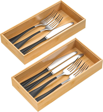 VeyFey Bamboo Drawer Organizer, Stackable Utensil Organizer for Kitchen, Bamboo Storage Box Wood Silverware Tray for Drawer 15" x 6" x 2" Set of 2