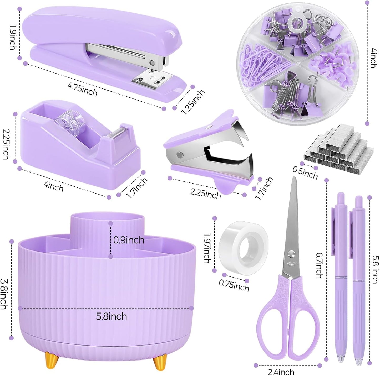 SKYDUE Pink Desk Accessories 10Pcs, Rotating Pen Holder for Desk, Stapler, Staple Remover, Tape Dispenser,2pcs Tape Refills, Binder Paper Clips Kit, Scissor,Pink Office School Supplies