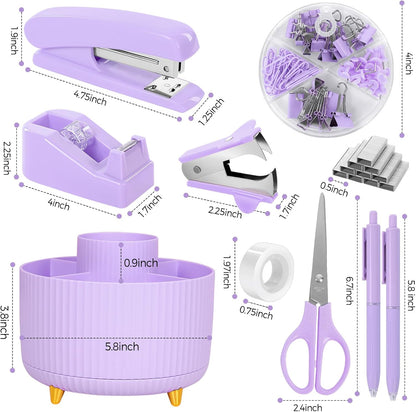 SKYDUE Pink Desk Accessories 10Pcs, Rotating Pen Holder for Desk, Stapler, Staple Remover, Tape Dispenser,2pcs Tape Refills, Binder Paper Clips Kit, Scissor,Pink Office School Supplies