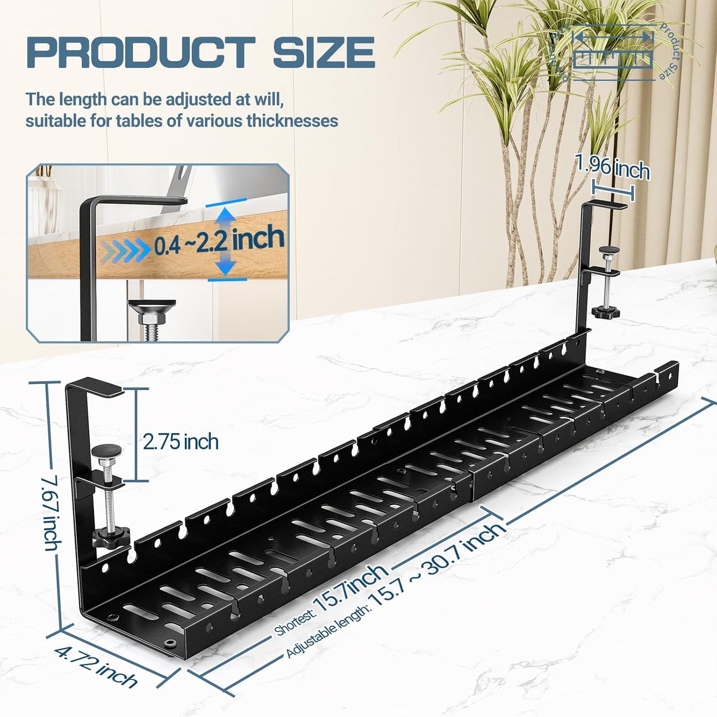Shikha Cable Management Under Desk, 15.7"-31" Retractable Cable Management Tray, No Drilling Cord Organizer with Clamp for Desk, Under Table Wire Management Tray for Home Office -White