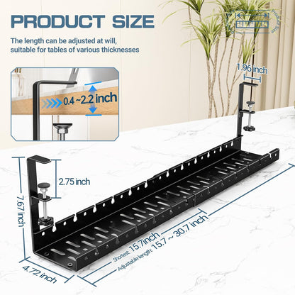 Shikha Cable Management Under Desk, 15.7"-31" Retractable Cable Management Tray, No Drilling Cord Organizer with Clamp for Desk, Under Table Wire Management Tray for Home Office -White