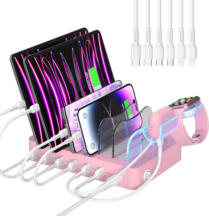 SooPii Premium 6-Port USB Charging Station Organizer for Multiple Devices, 6 Short Charging Cables and One Upgraded i-Watch Charger Holder Included, for Phones, Tablets, and Other Electronics, White