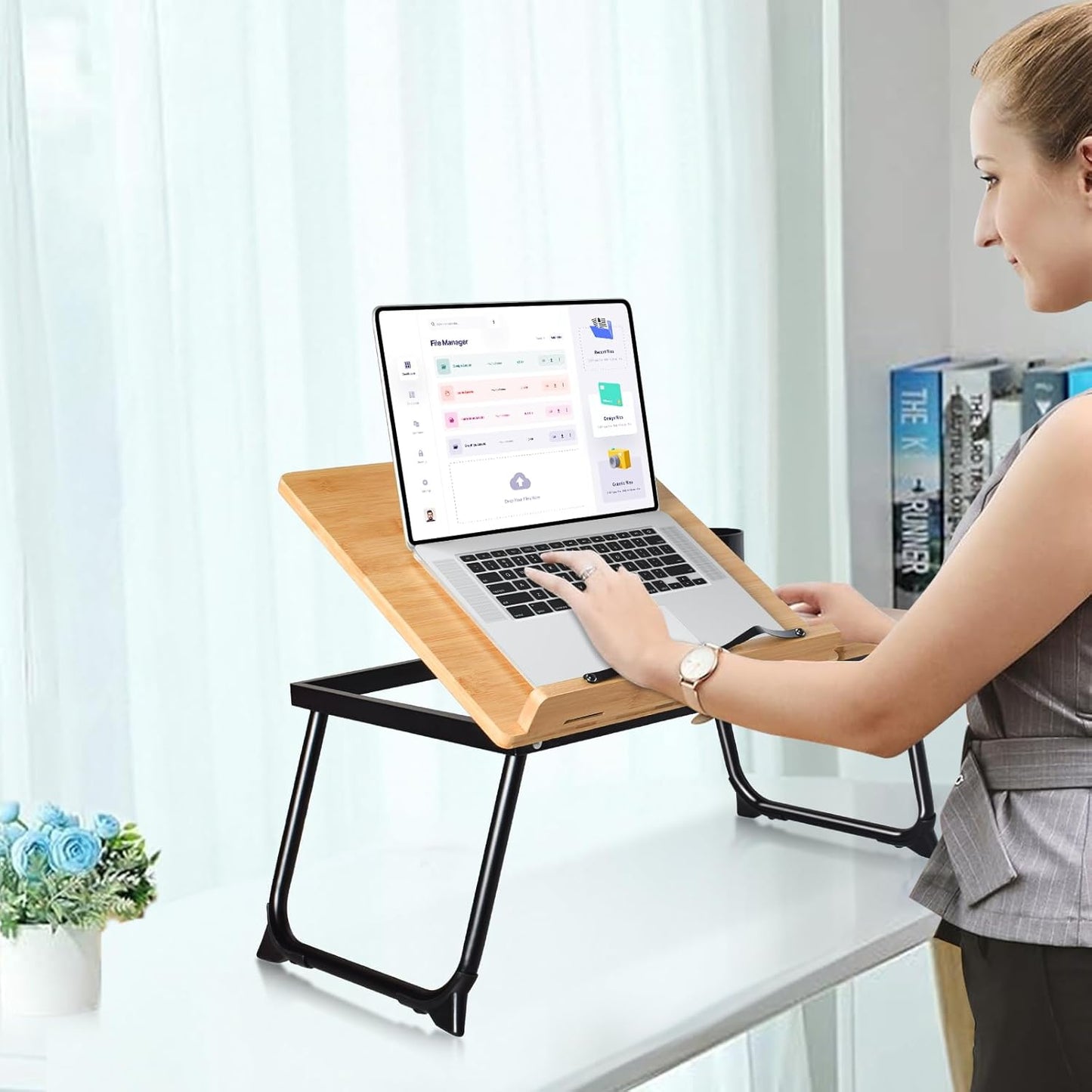 wishacc Book Stand for Reading in Bed, Laptop Stand Adjustable Book Holder Tray with Page Paper Clips Multi Angles Adjustable Cooking Bookstands for Textbook Recipe Magazine Tablet Portable