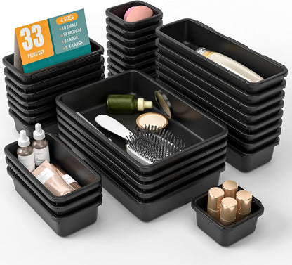 StoreHappily 10 PCS Drawer Organizer Set, 4 Size Makeup Drawer Divider Organizer With Non-Slip Pads, Interlocking Plastic Storage Bins for Office,Jewelry Vanity,Gadgets, Bathroom,Kitchen, Black