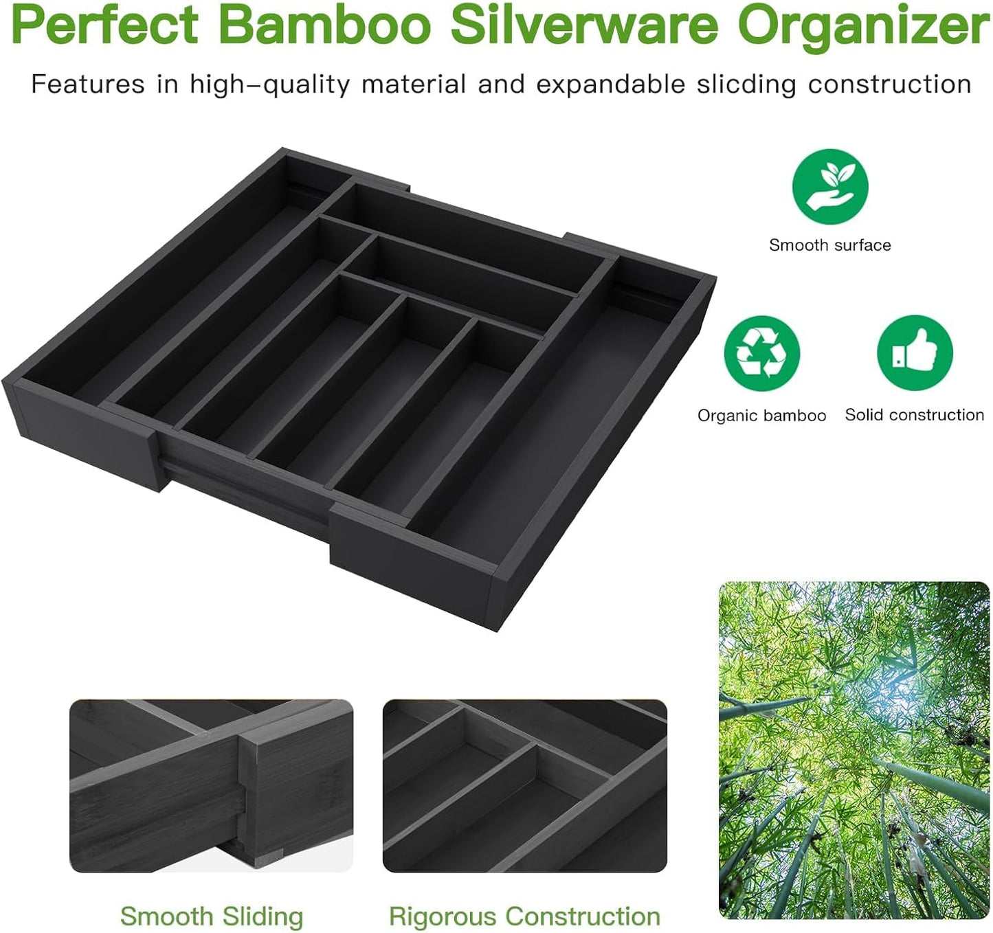 Pipishell Bamboo Expandable Silverware Drawer Organizer, Adjustable Kitchen Utensil Tray for Forks, Spoons and Knives, Wood Storage Cutlery Holder for Bedroom and Living Room