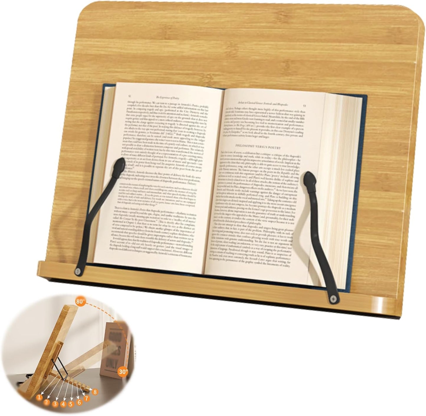 Recipe Book Holder,Cookbook Stand Wood Cookbook Holder for Kitchen, Adjustable Angle and Page Paper Clips,Magazine Holder for Desk, Laptop Stand, Tabletop Easel (Wood, S(11'' x 7.9''))